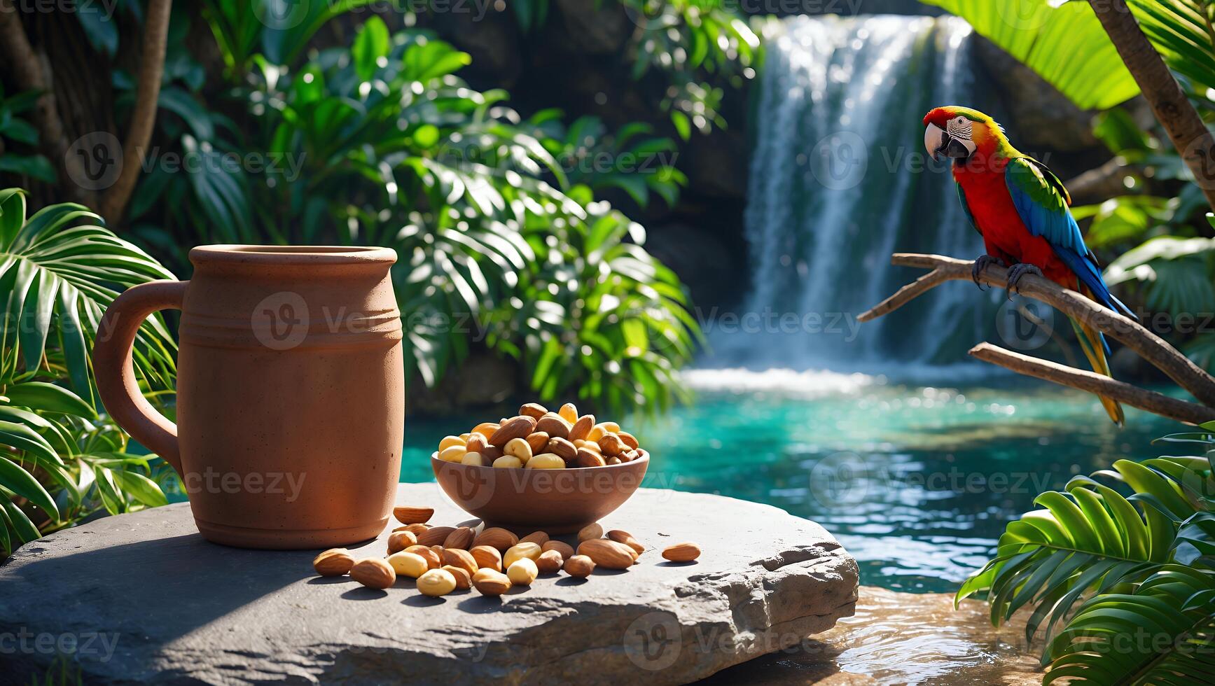 Refreshing Drink and Nuts with Macaw Bird Near Tropical Waterfall photo