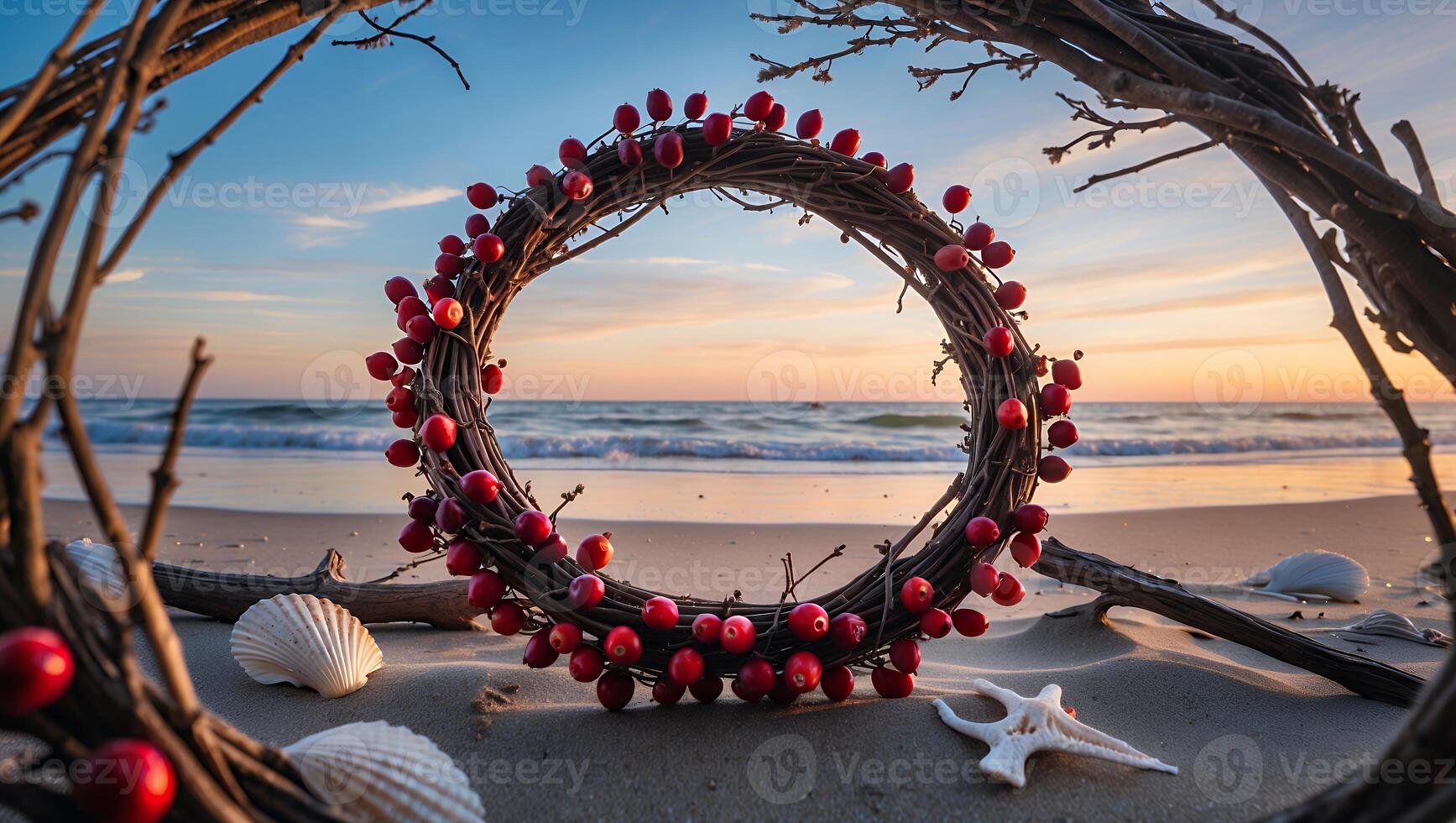 Berry Wreath on Sandy Beach Framing Ocean Sunset Horizon View photo