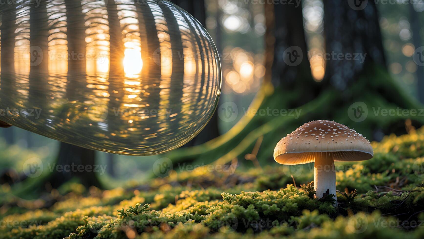 Mushroom in Mossy Forest with Glass Sphere Reflecting Sunlight photo