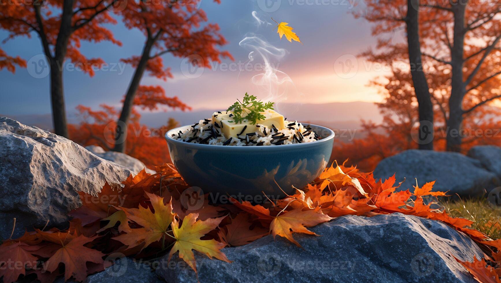 Wild Rice Dish with Butter and Herbs Outdoors in Autumn photo