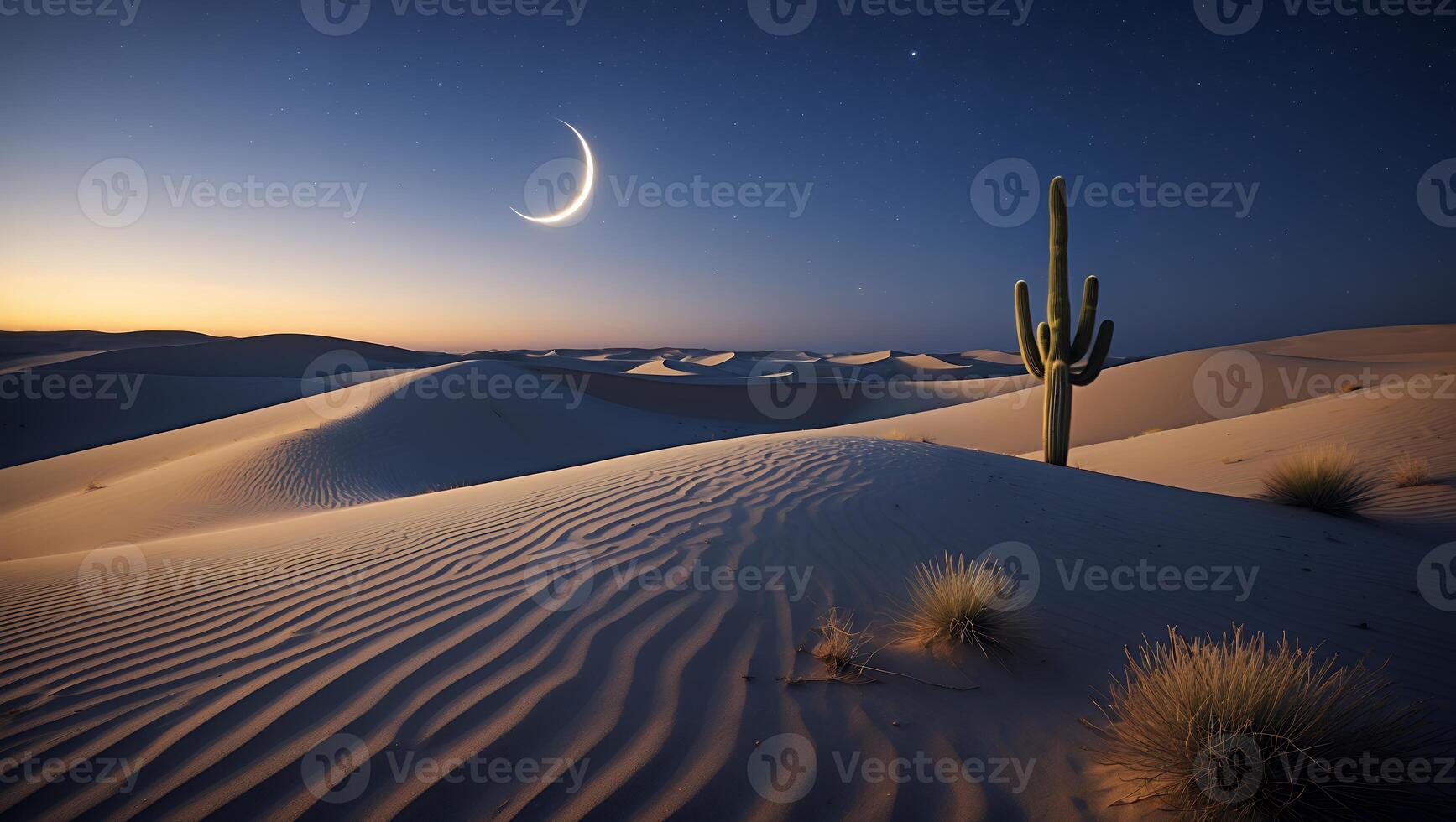 Desert Landscape with Crescent Moon Over Sand Dunes at Night photo