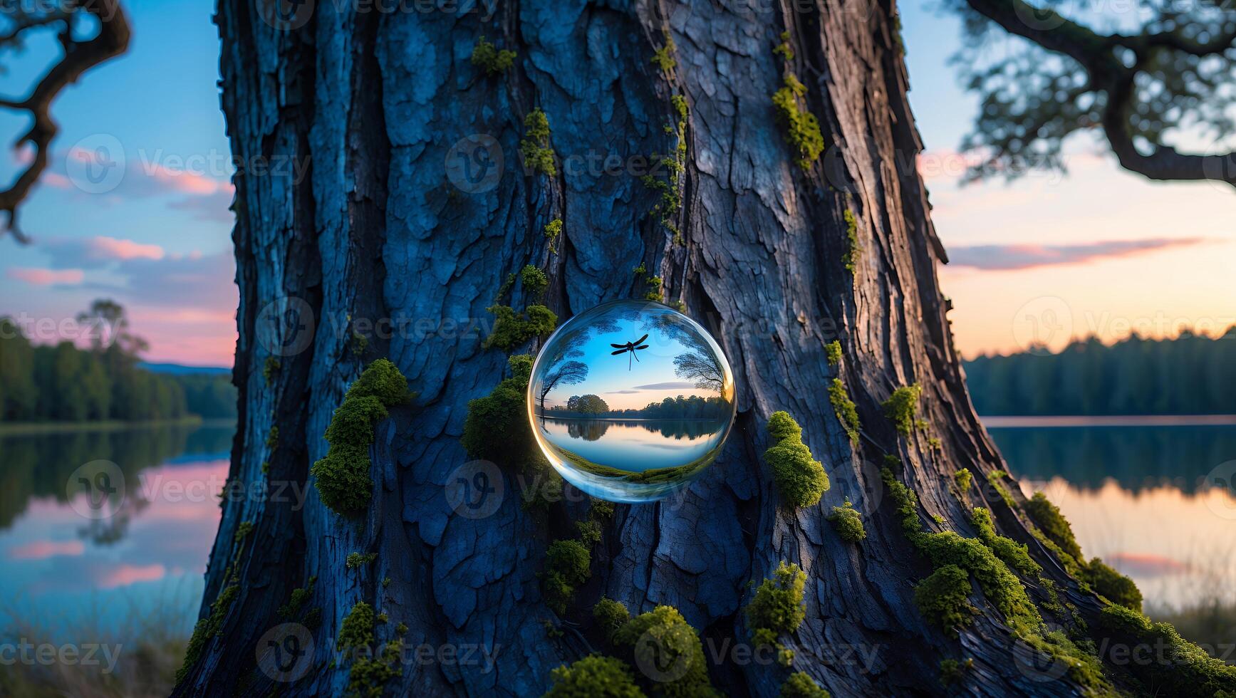 Dragonfly Silhouette Reflected in a Glass Ball on Mossy Tree photo