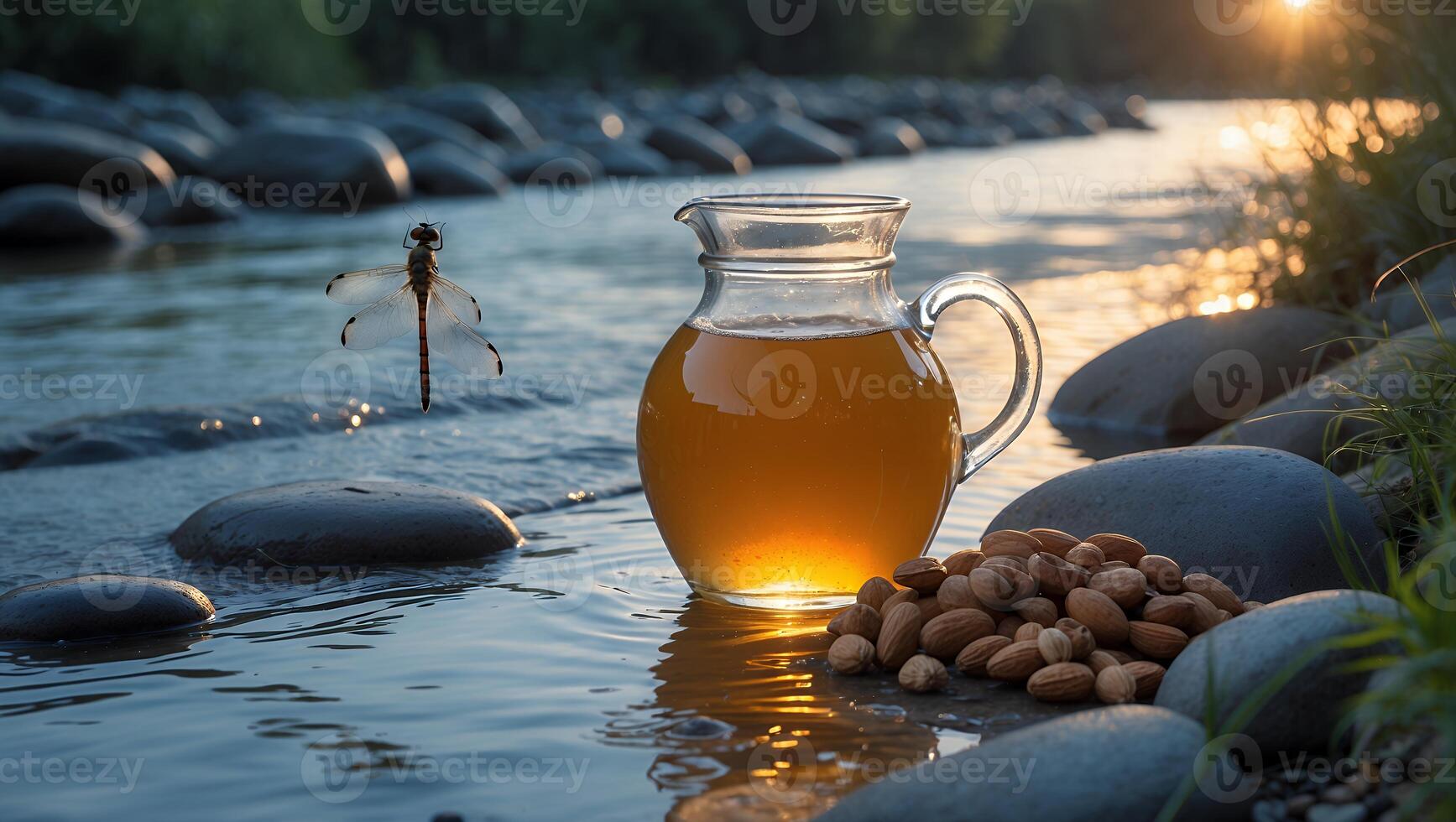 Pitcher with Almonds at Riverbank with Dragonfly and Sunset photo