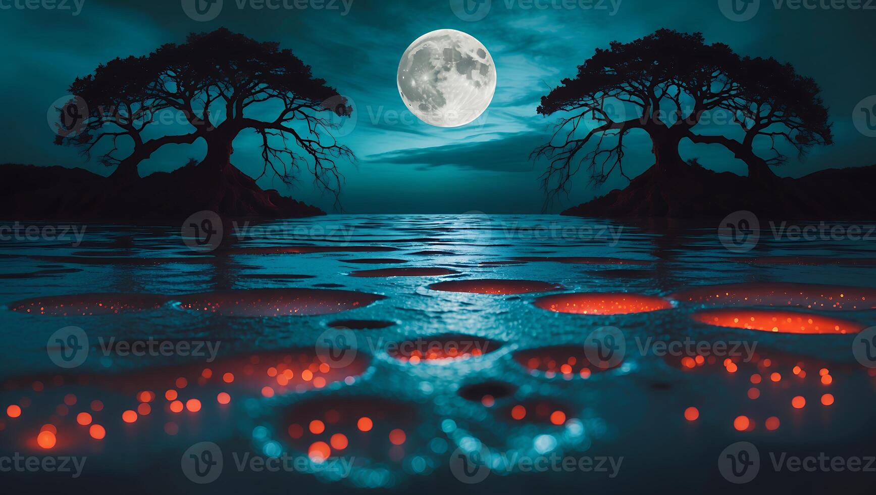 Moonlit Waters Reflecting Trees Creating an Atmospheric Night Landscape photo