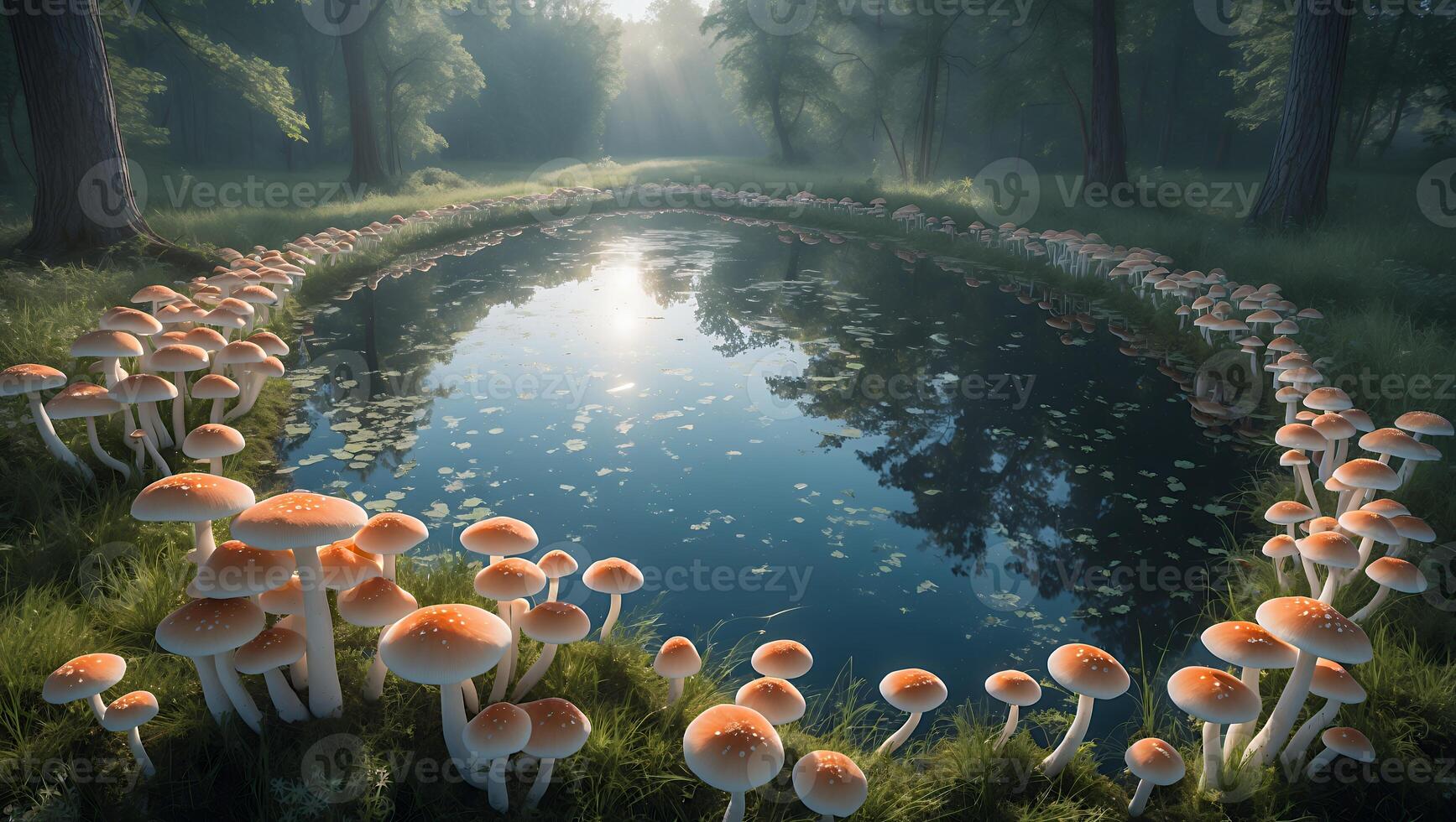 Mushrooms Circle a Pond in Forest Setting Creating Whimsical Scene photo