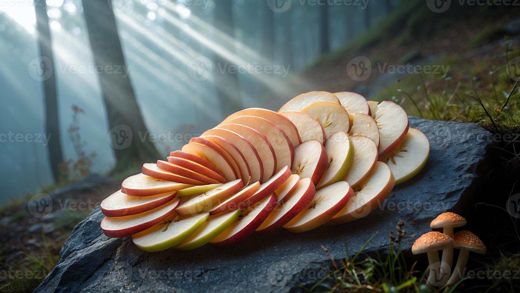Apple Slices on Stone Slab in Misty Forest with Mushrooms photo