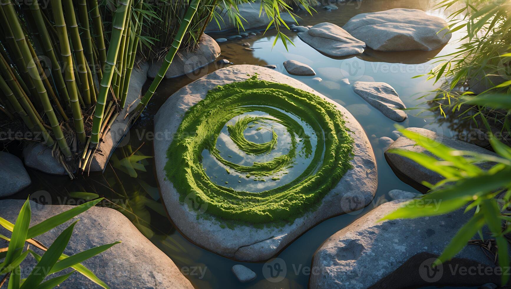 Green Spiral on Rock in Stream with Bamboo and Sunlight photo