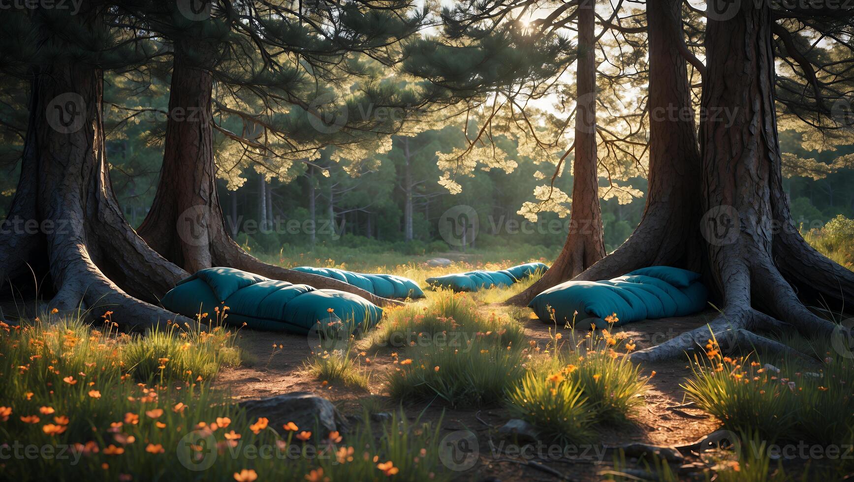 Camping Sleeping Bags Laid Out Among Trees in a Sunny Glade photo