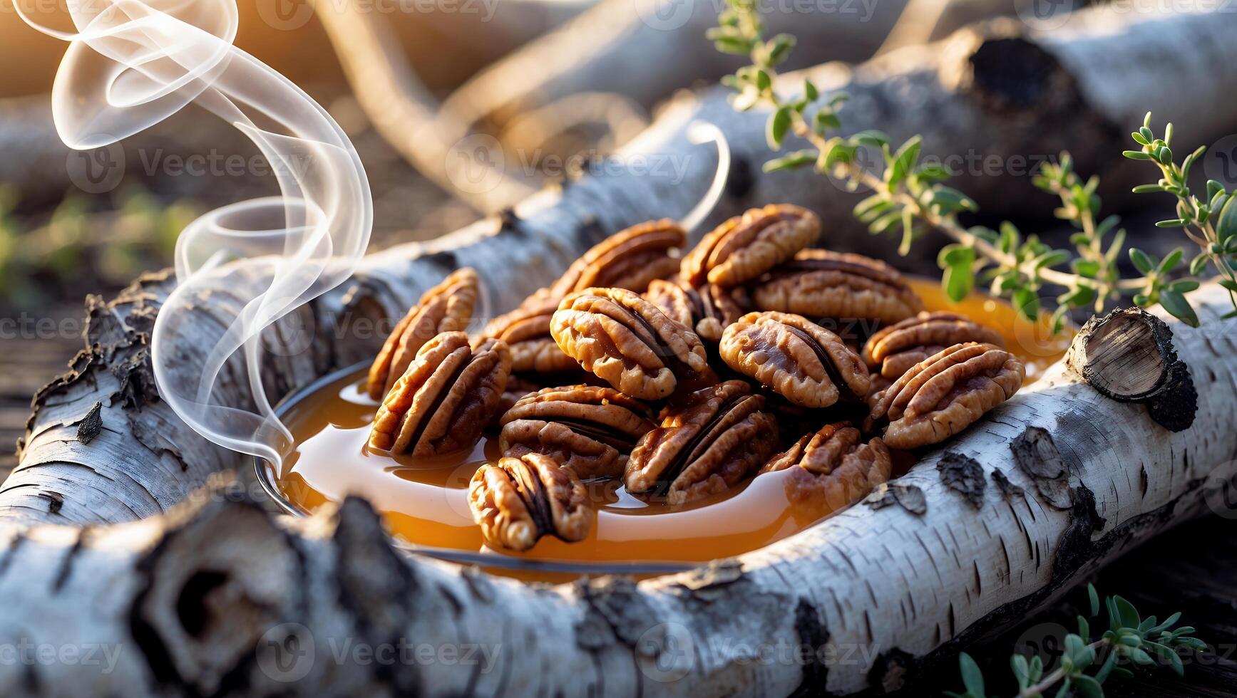Pecan Nuts in Honey Displayed on Rustic Birch Log with Smoke photo