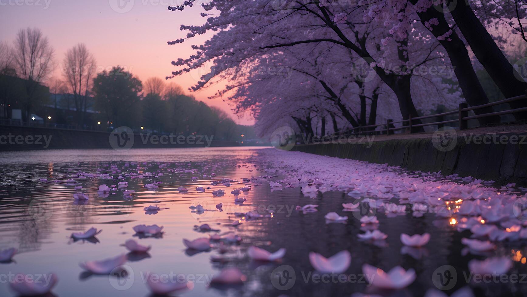 Cherry Blossom Petals Floating on Calm Water at Dusk in Spring photo