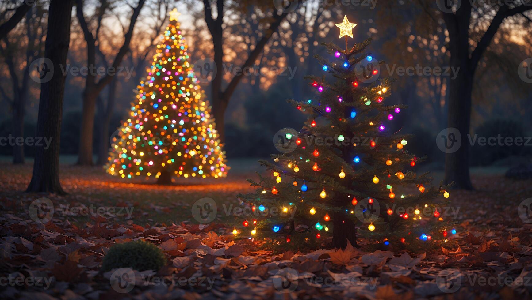 Illuminated Christmas Trees Glowing in a Park with Fallen Leaves photo