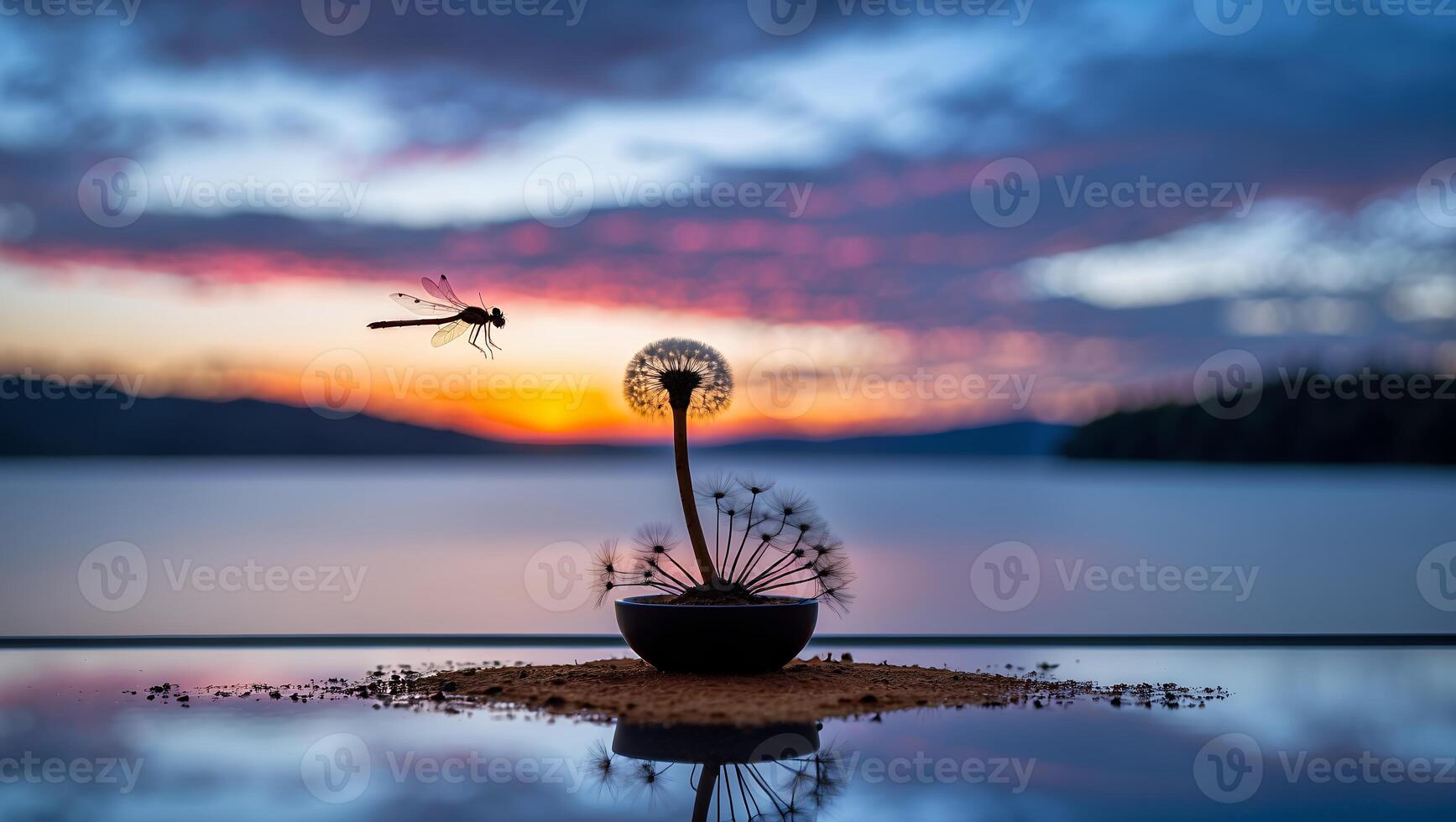 Dragonfly Flying Near Dandelion Seeds Against a Beautiful Sunset Backdrop photo