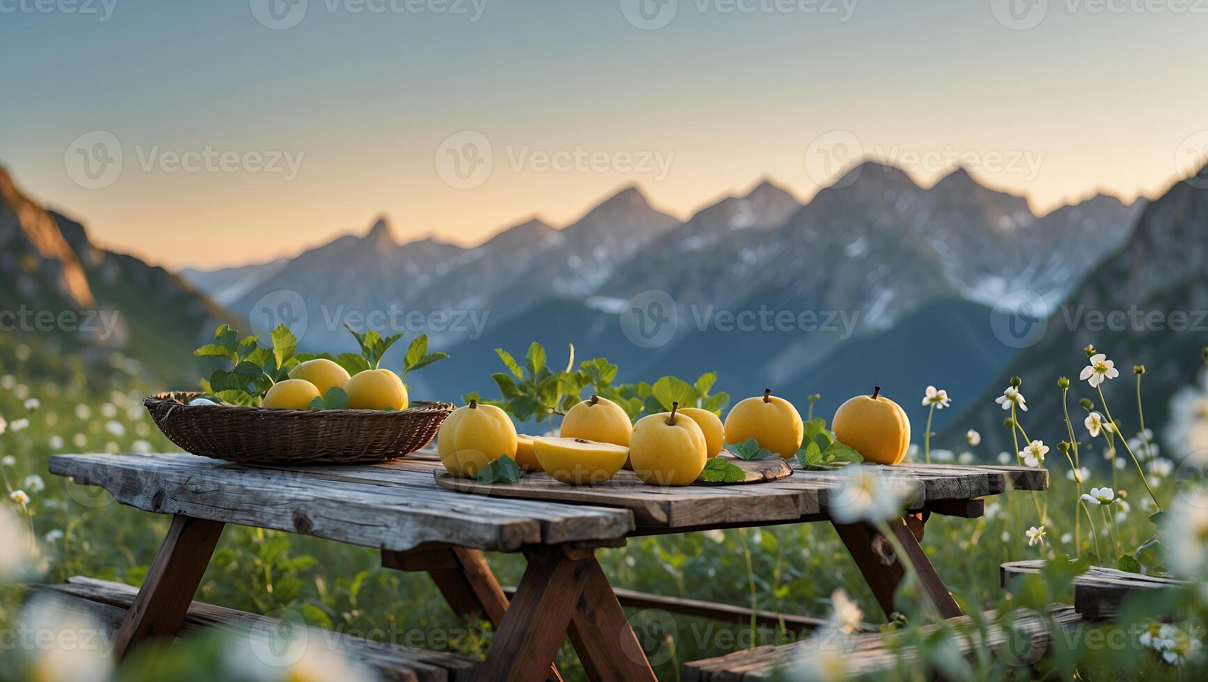 Arrangement of Yellow Fruits on Wooden Table with Mountain Backdrop photo
