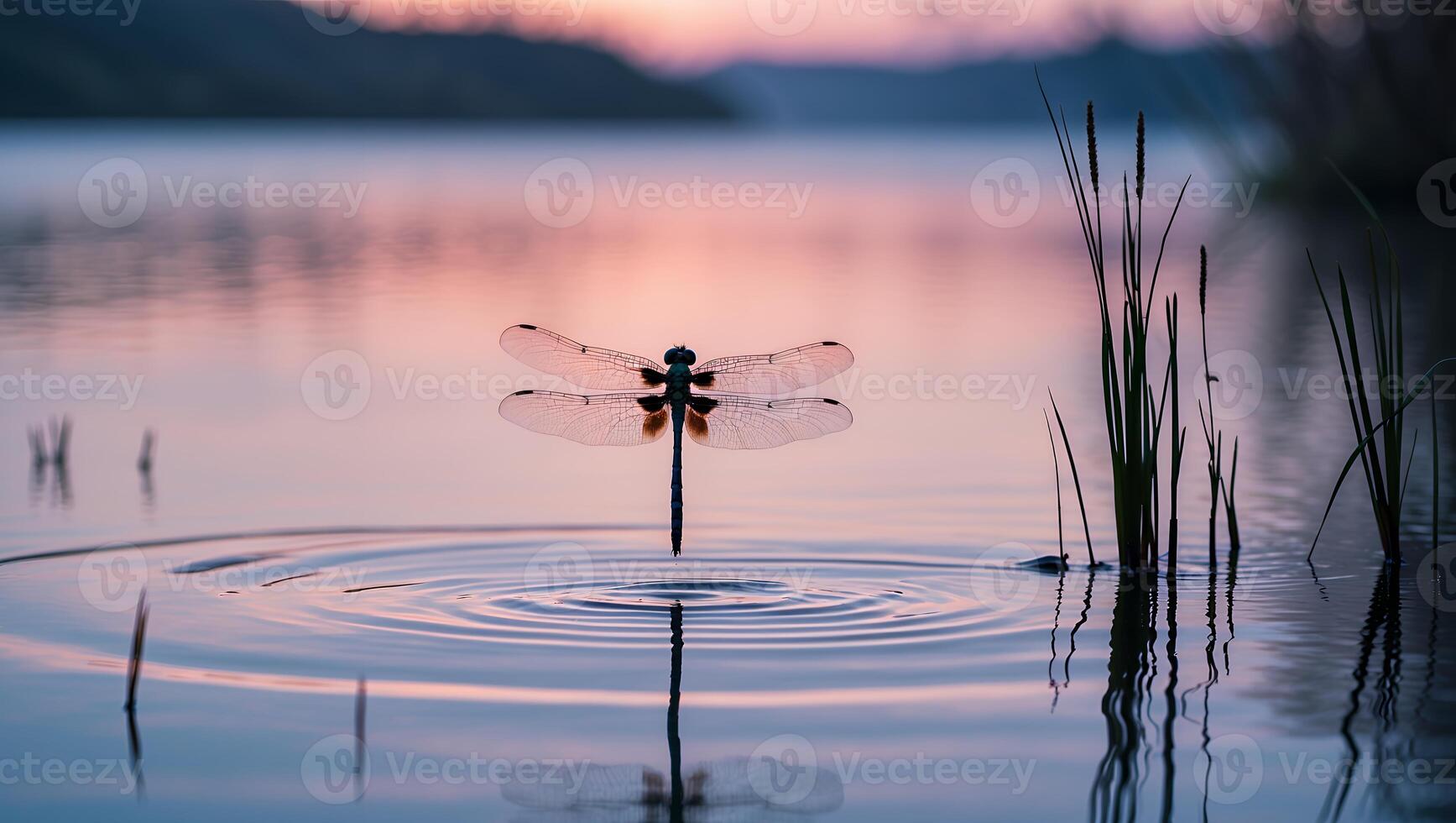 Dragonfly Touching Water Surface Creates Ripples at Gentle Sunset photo