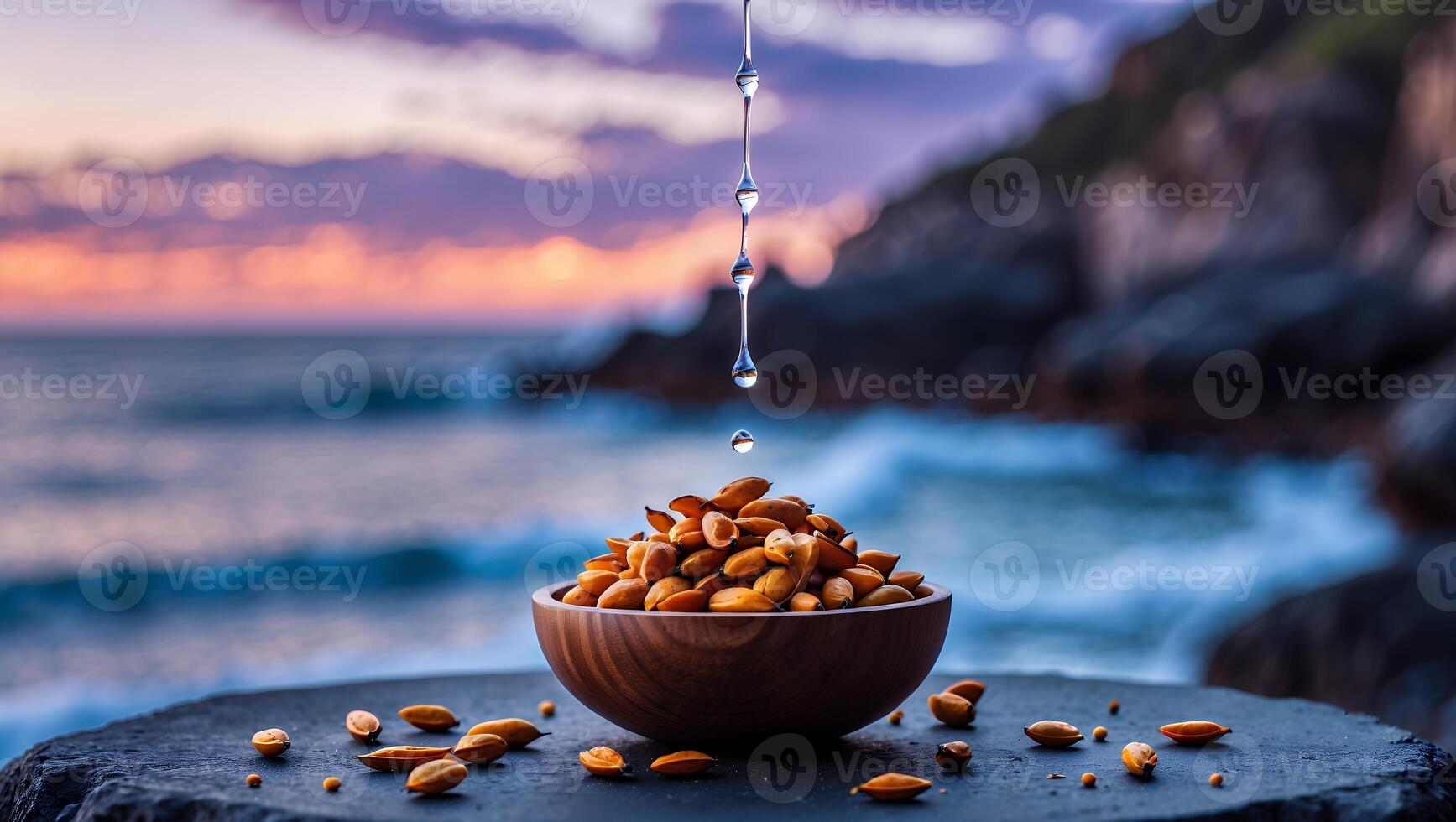 Almonds in Bowl with Water Dropping Ocean Sunset Background photo