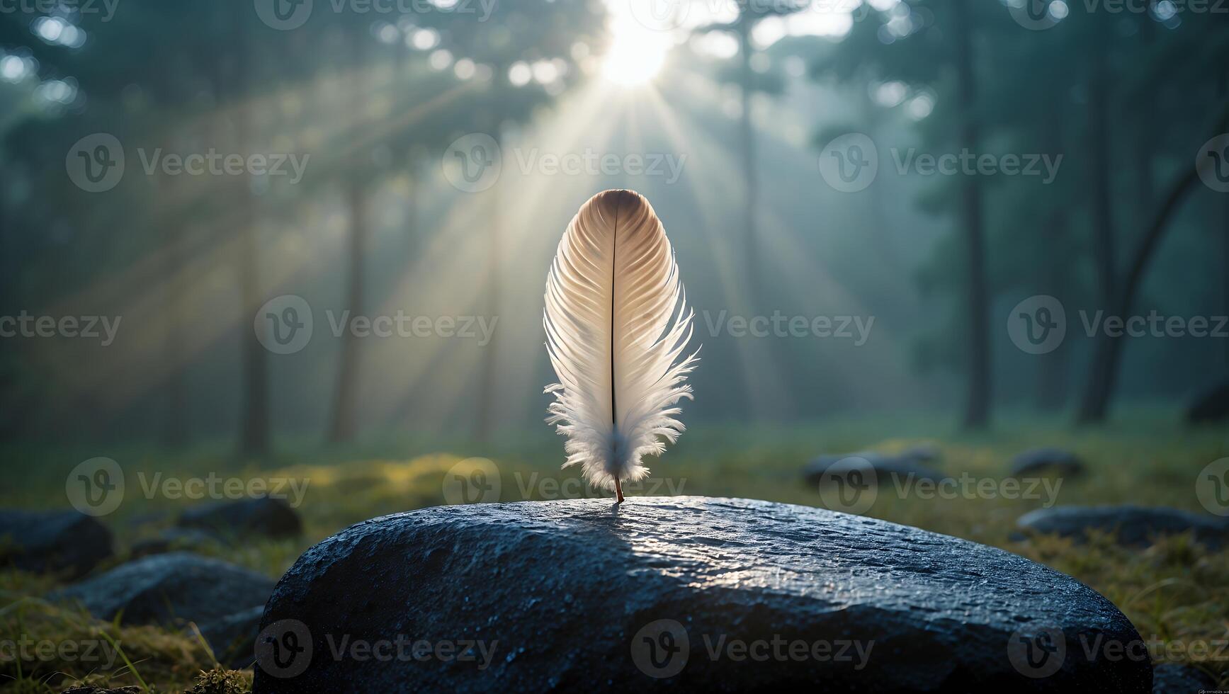Feather Standing on Rock in Forest with Sun Rays Shining Through photo
