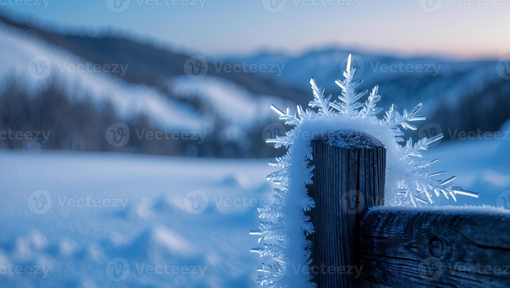 Snowflake Crystals Clinging to a Wooden Fence Post in Winter Scenery photo