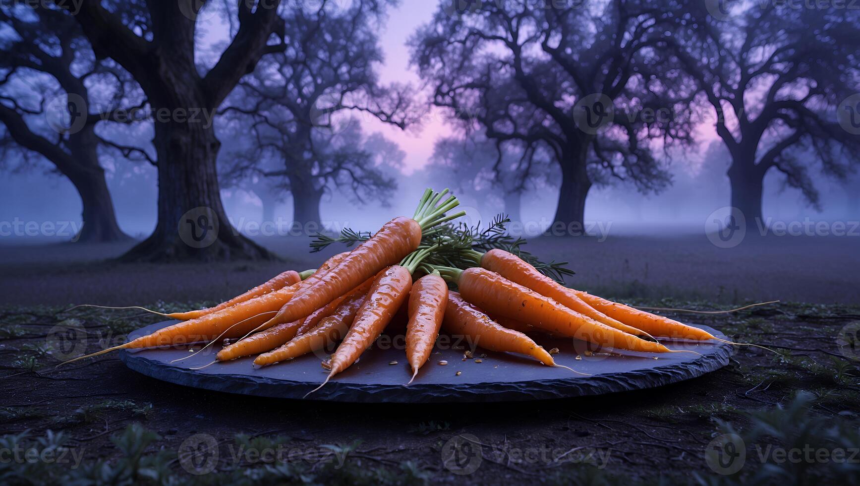 Fresh Carrots on Slate Plate with Trees and Misty Background photo