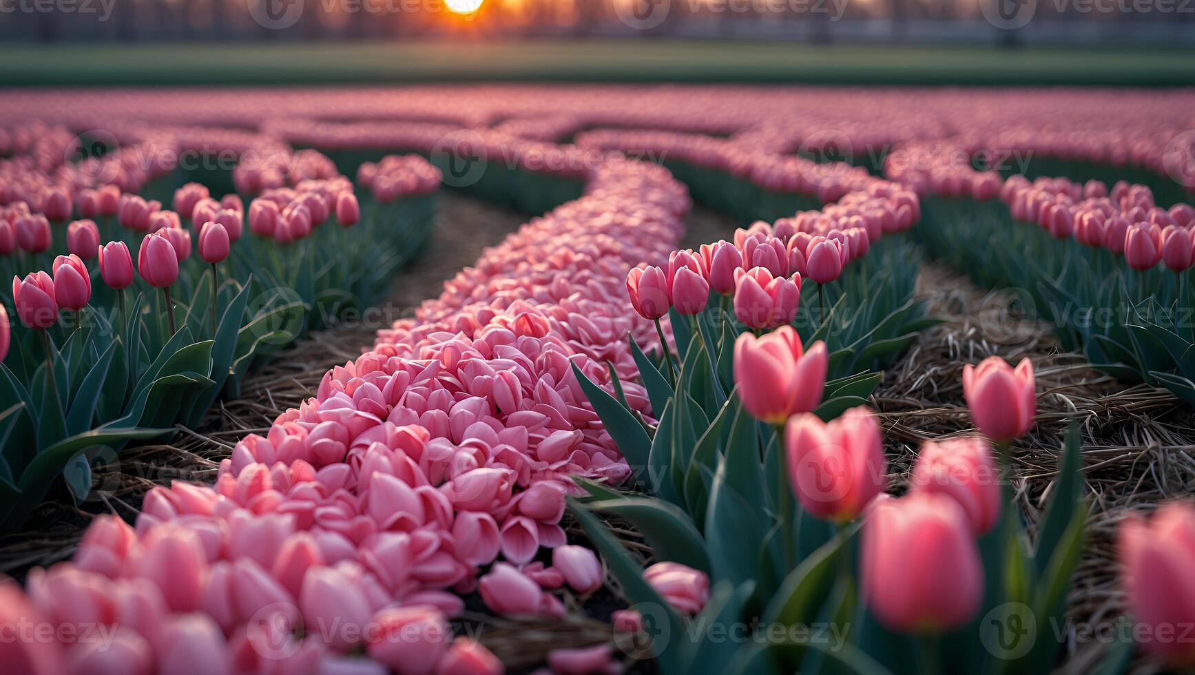 Pink Tulip Field at Sunset Growing in Rows with Beautiful Light photo