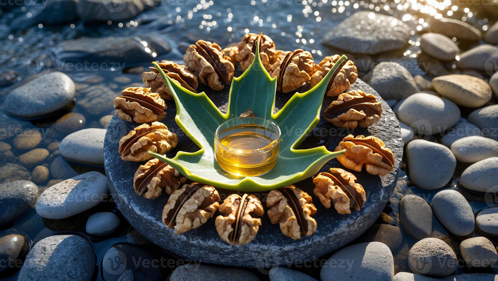 Walnut Arrangement with Liquid on Stone by Stream for Wellness photo