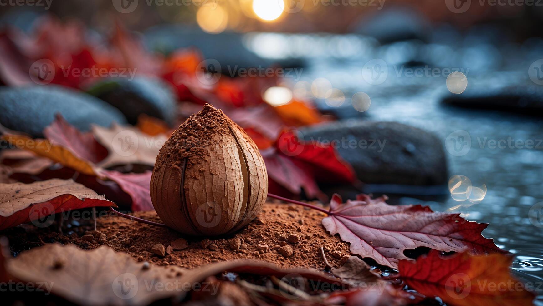 Unique Wooden Object on Ground Surrounded by Autumn Leaves at Stream photo
