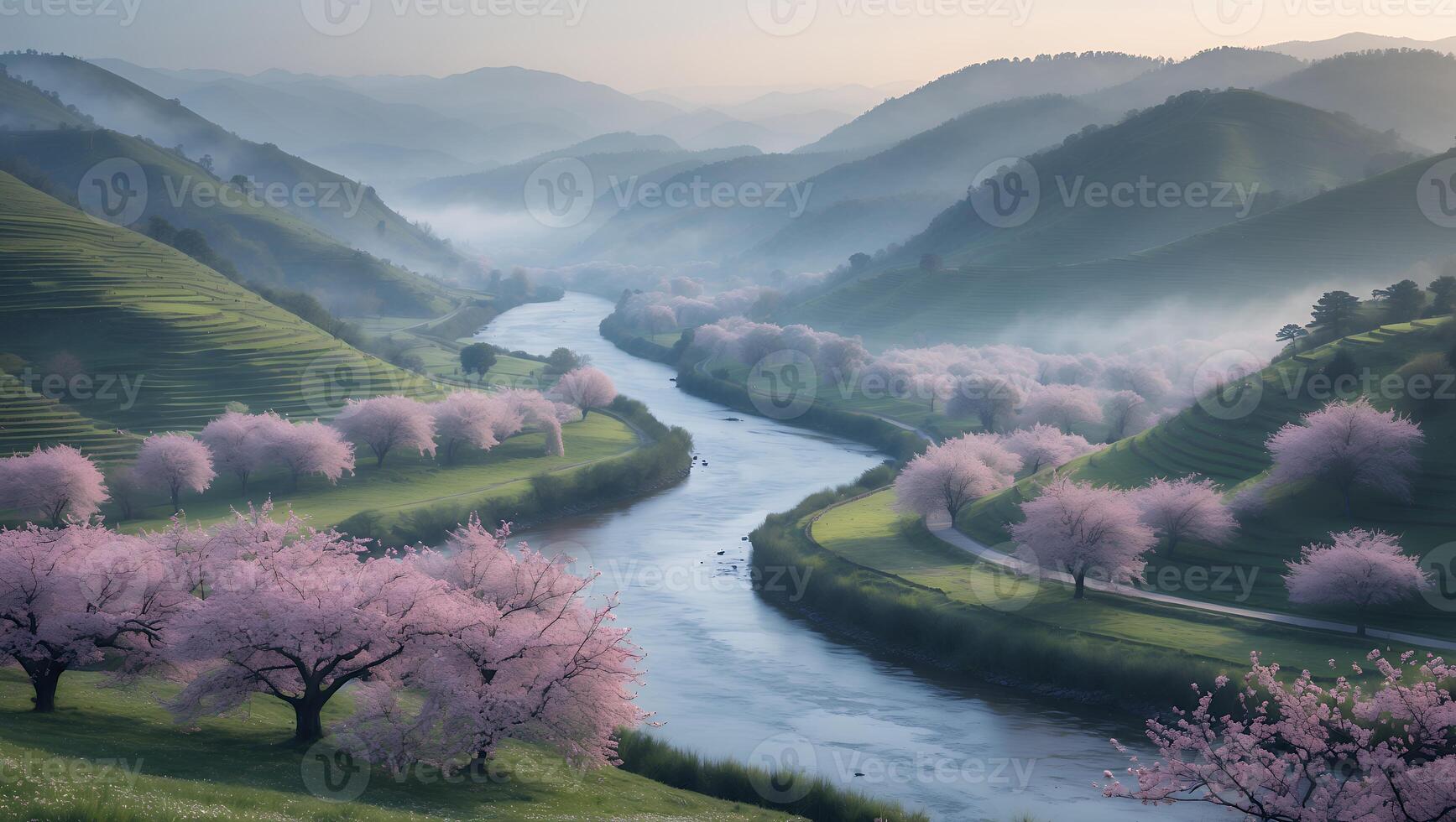 Scenic River Valley with Pink Blossom Trees and Misty Mountains photo