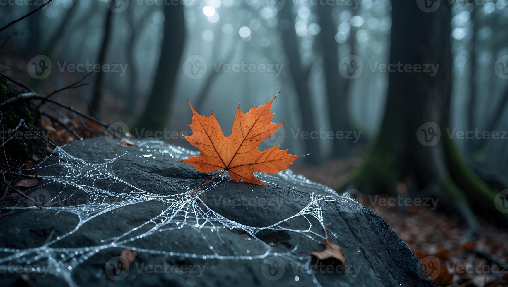 Maple Leaf Resting on Rock with Spiderweb in a Misty Forest photo