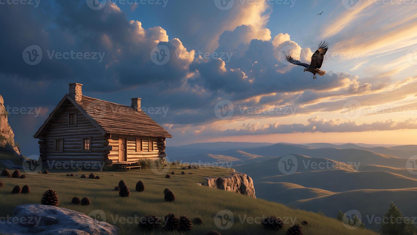 Cabin on Hilltop at Sunset with Flying Eagle and Mountain Views photo