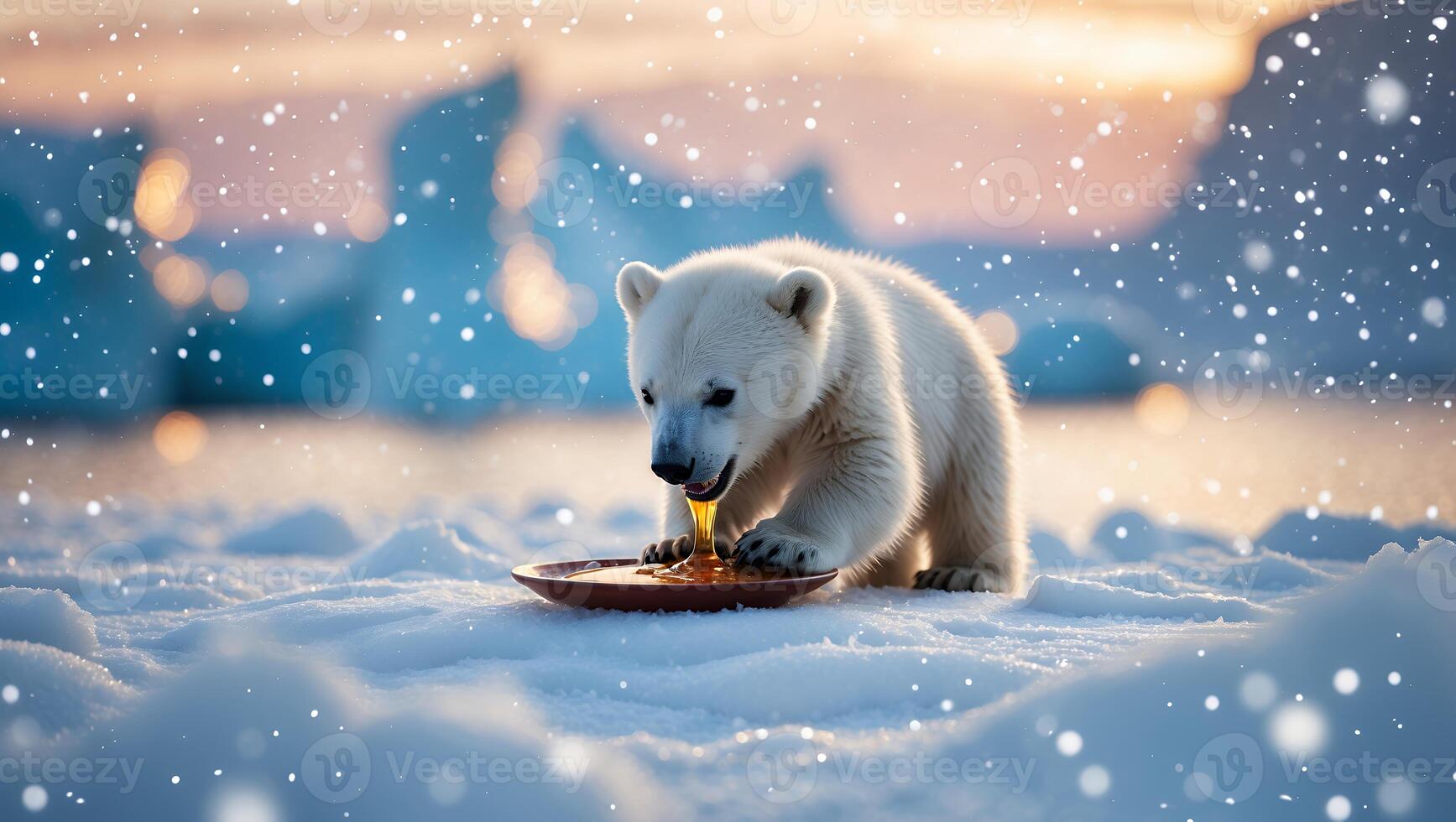 Polar Bear Cub Eating Honey on Snowscape Winter Scene photo