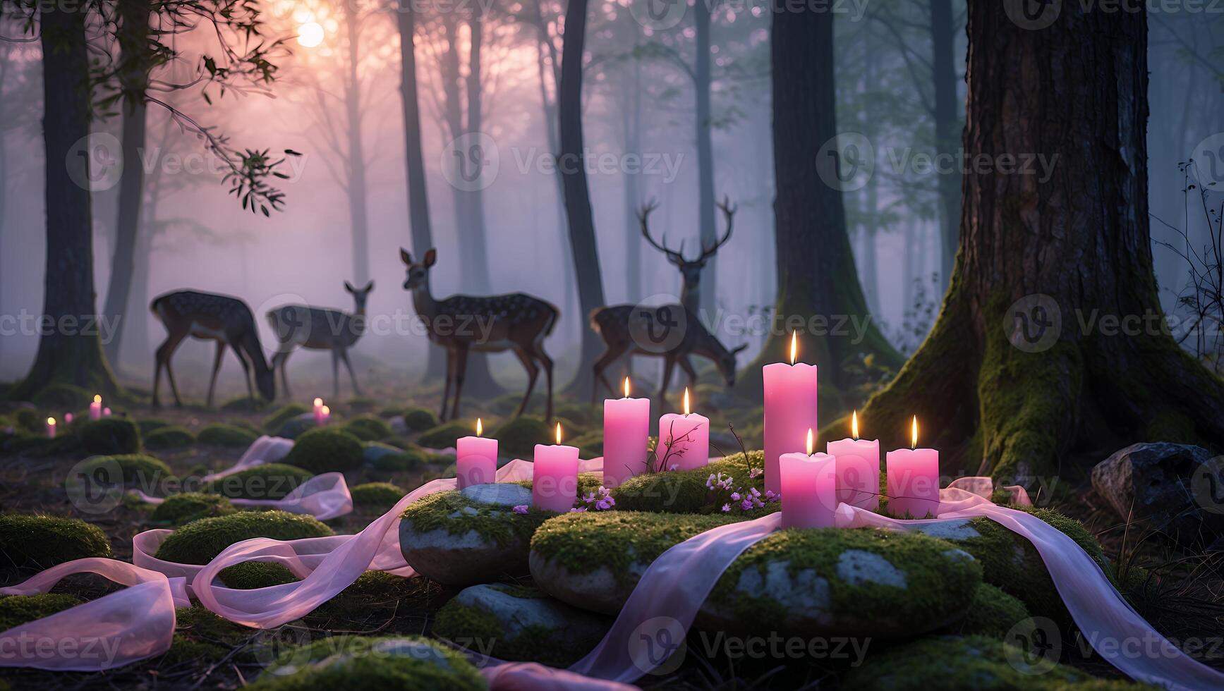 Deer in Forest with Pink Candles and Ribbon Decoration Scenery photo