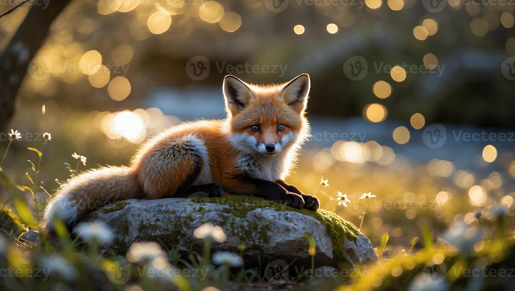 Red Fox Resting on Rock in Sunlit Meadow, Looking Forward photo