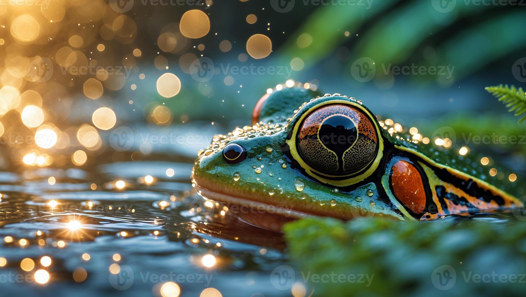 Frog in Water with Golden Bokeh and Vibrant Colors photo