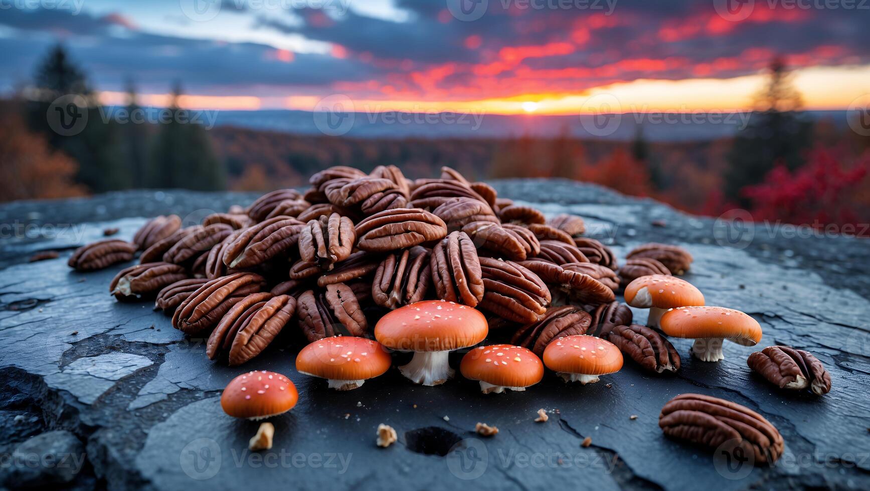 Pile of Pecan Nuts with Mushrooms at Scenic Sunset Landscape photo