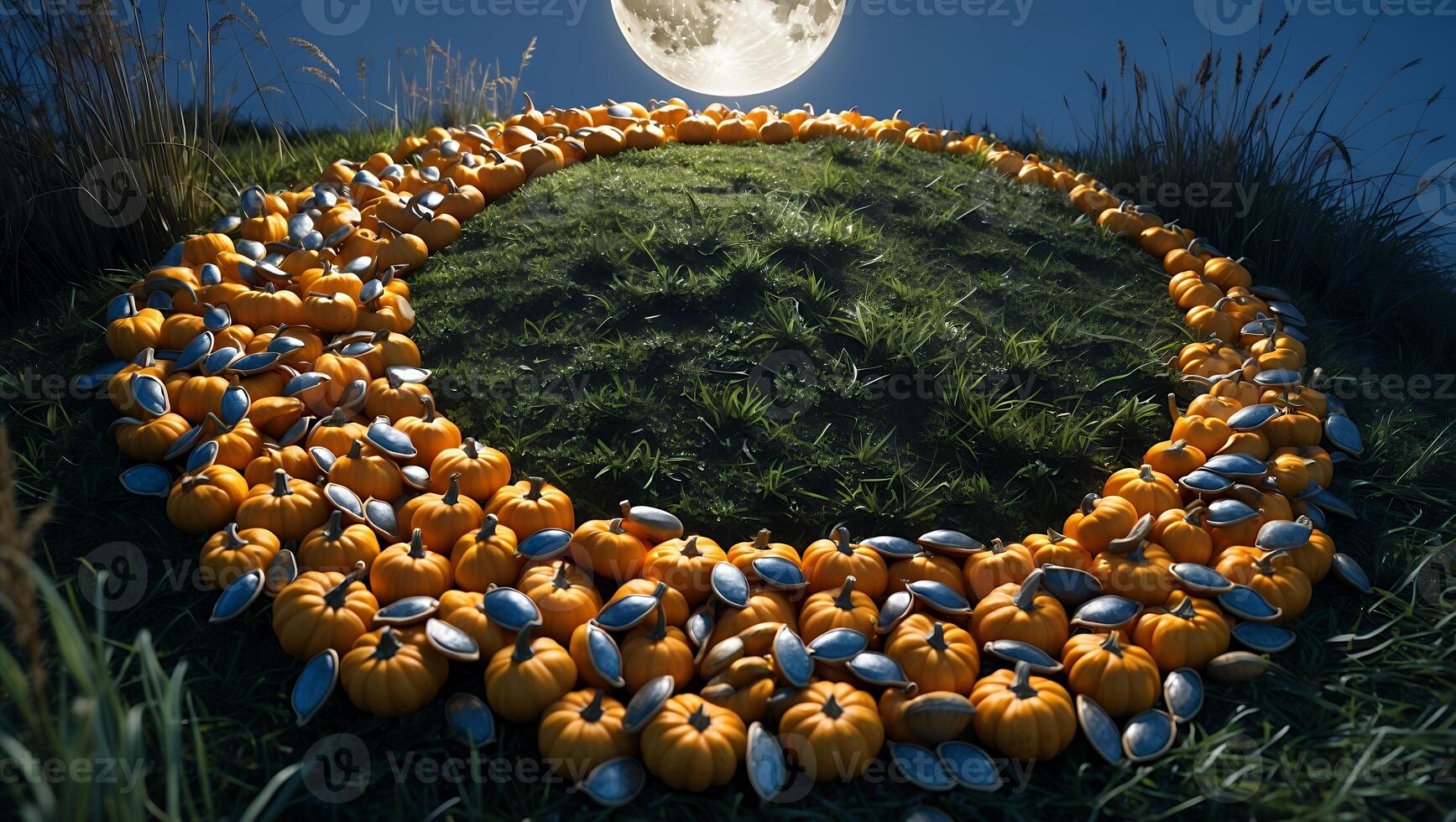 Pumpkins and Seeds Arranged in a Circle on Grassy Hill Under Moon photo