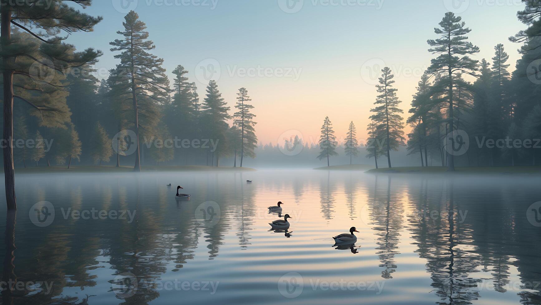 Ducks Swimming in Foggy Lake at Sunrise Surrounded by Forest photo