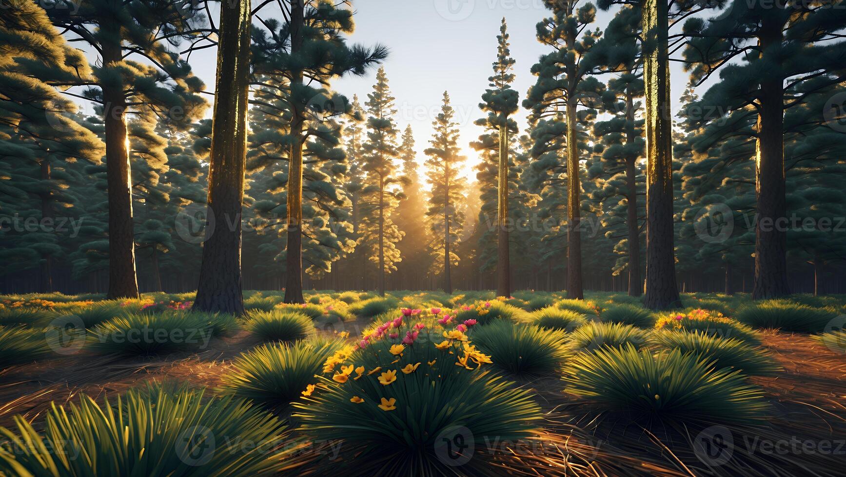 Sunlight Streaming Through Trees in a Forest with Wildflowers photo