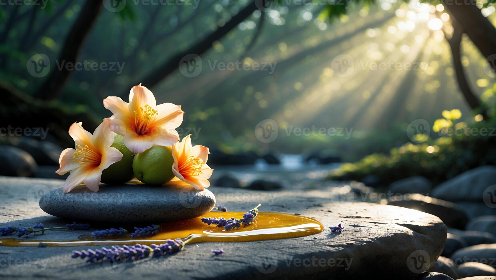 Flowers and Fruit on Stone with Serene Forest River Backdrop photo