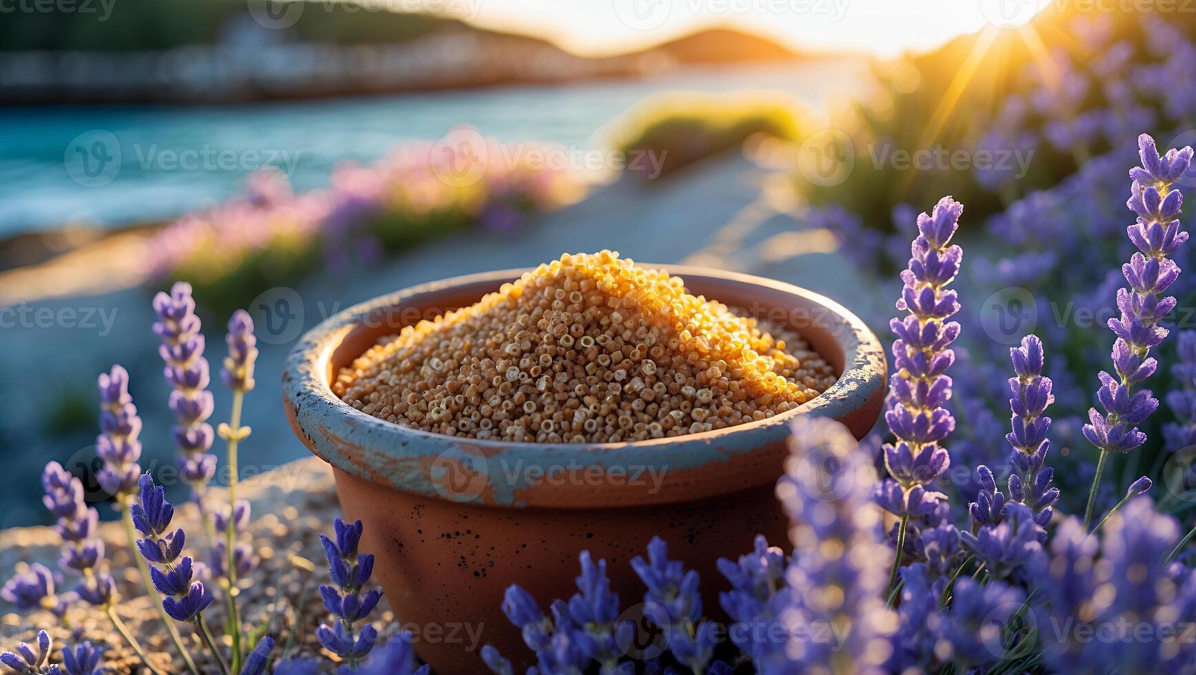 Cereal in Pot with Lavender Blossoms at Sunset by Ocean photo