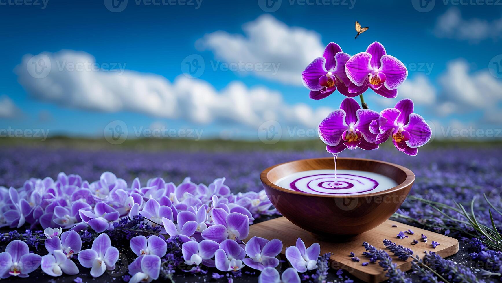 Orchid Flower Essence Dripping Into Bowl in Lavender Field Scene photo