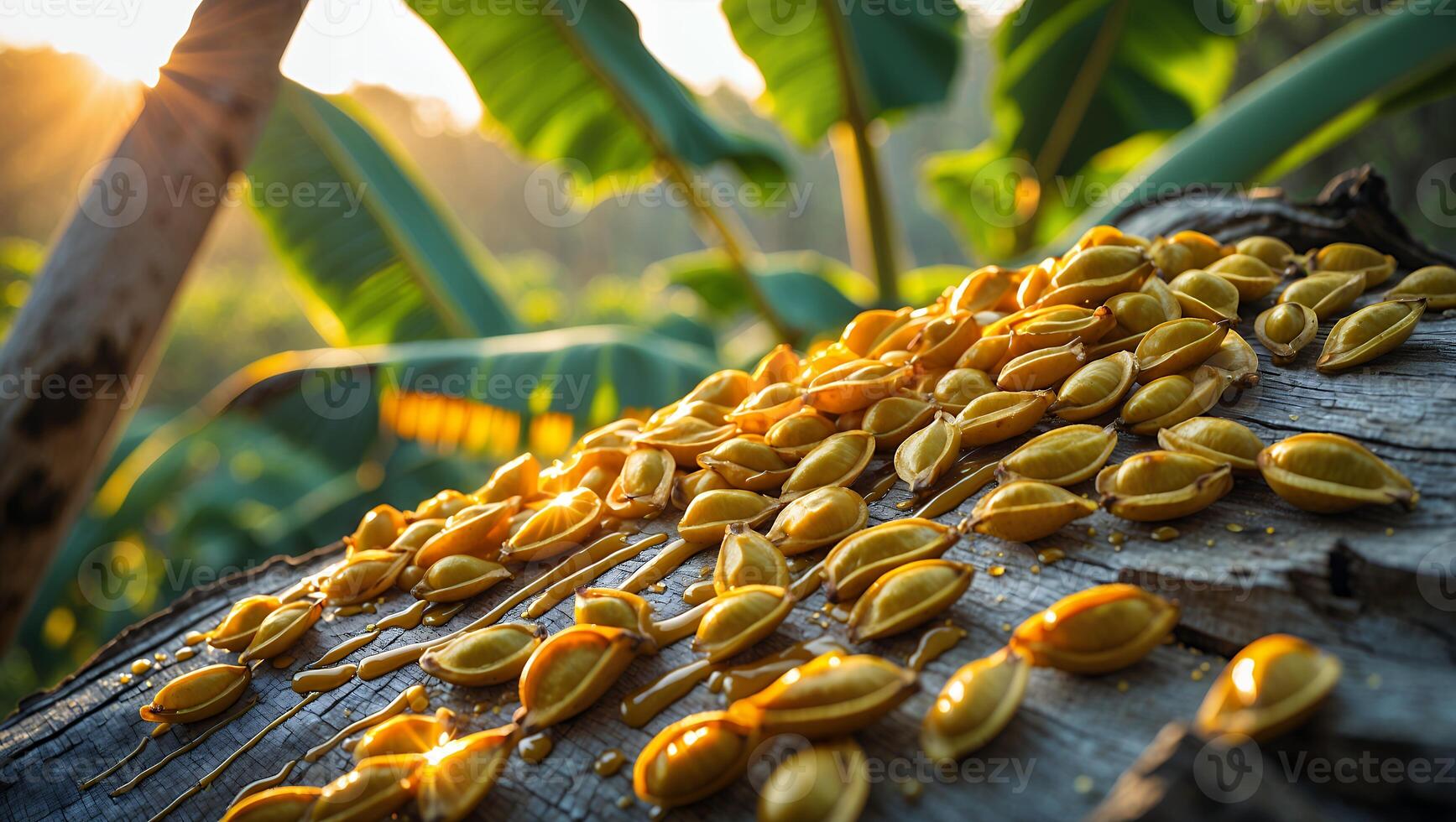 Seeds Lying on Weathered Log in the Warm Sunlight of Nature photo