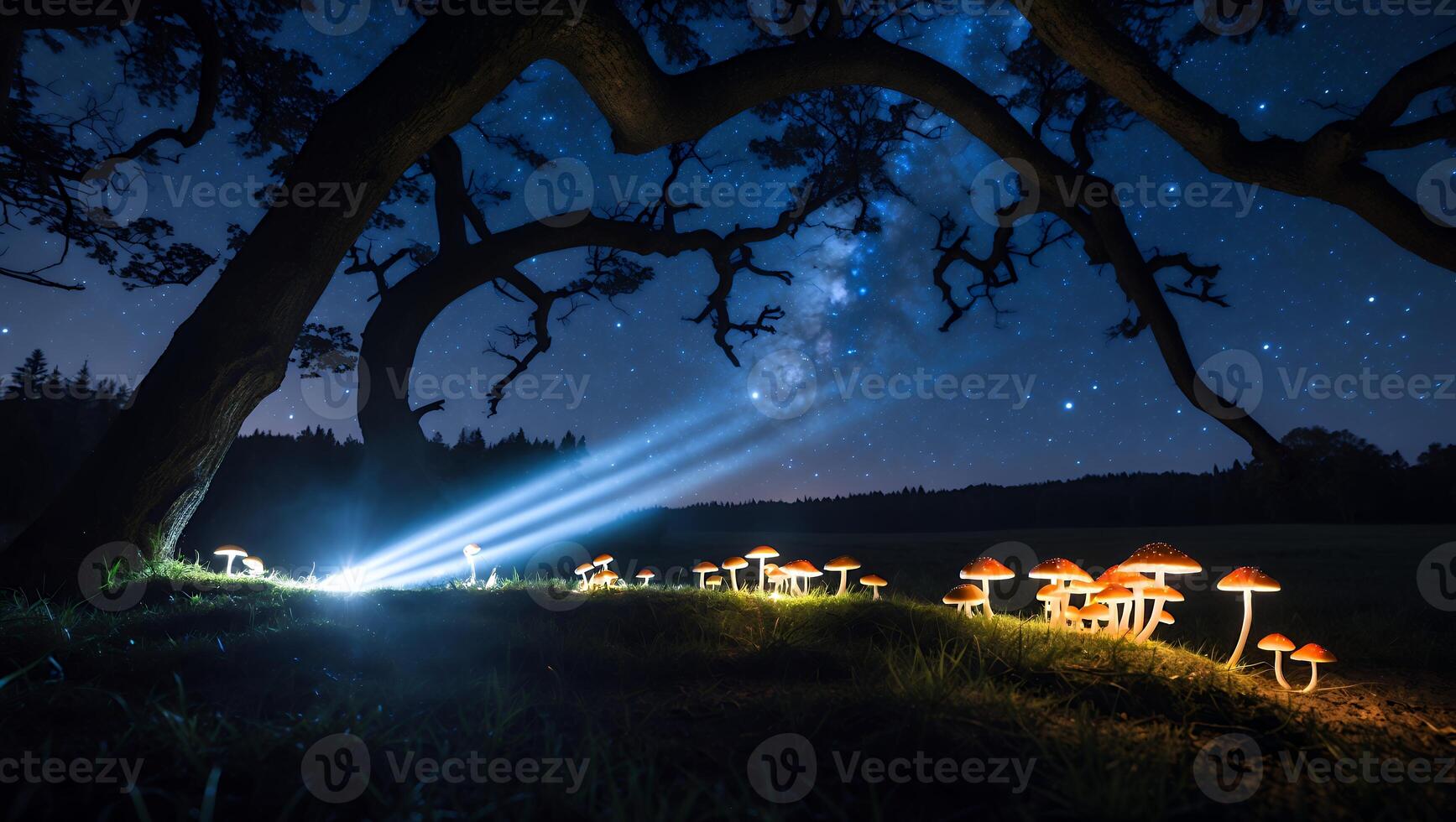 Glowing Mushrooms Under Starlight Create Magical Night Forest Scene photo