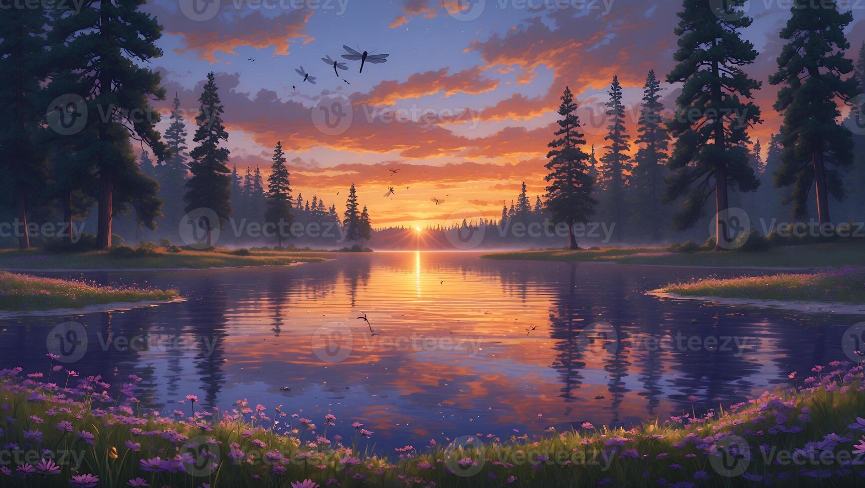 Lake Reflecting Sunset with Dragonflies Flying Over Forest and Flowers photo