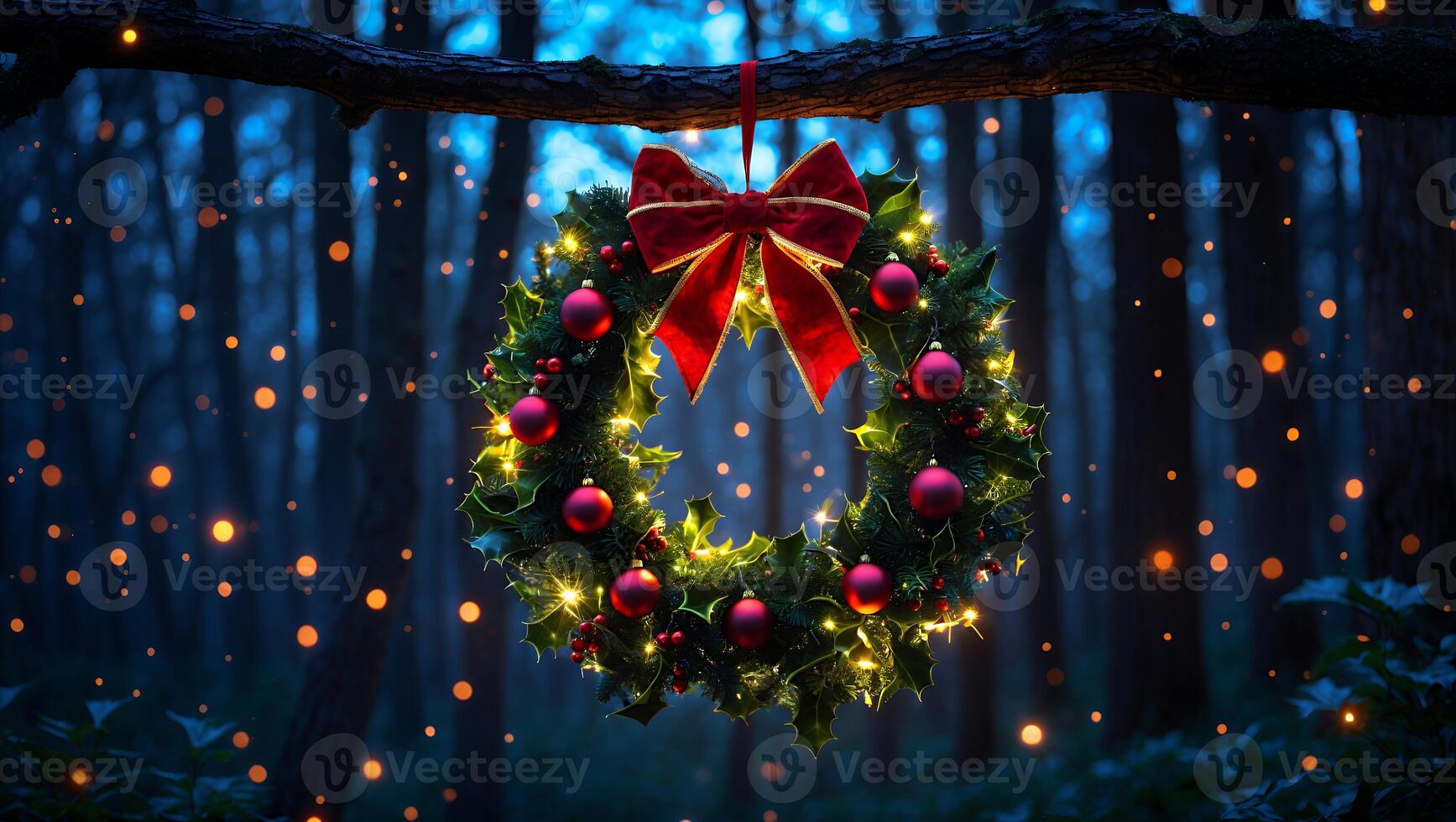 Hanging Festive Wreath with Red Bow in Enchanted Forest Setting photo