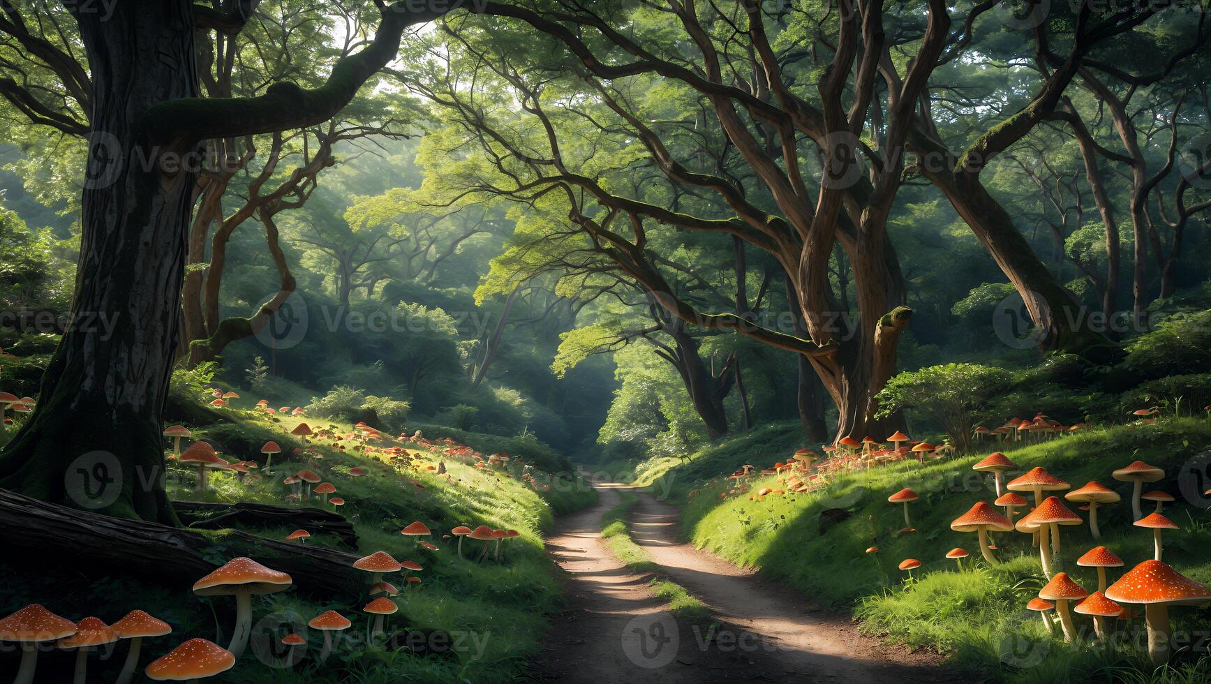 Walking Path Through Forest with Mushrooms Growing on Lush Green Ground photo