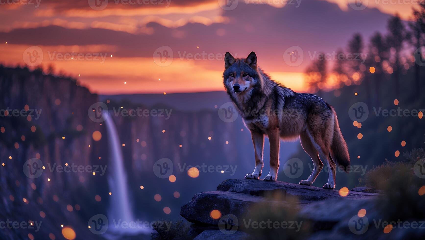 Wolf Standing on Rock Overlooking Waterfall at Twilight Scenic View photo