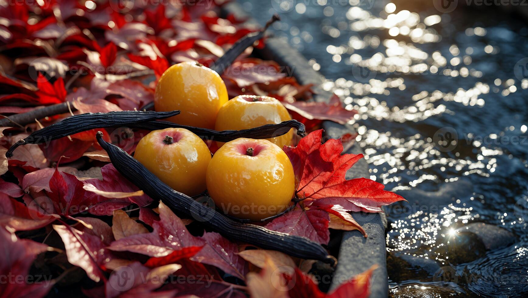 Apples and Vanilla Beans Among Autumn Leaves Near Sparkling River photo