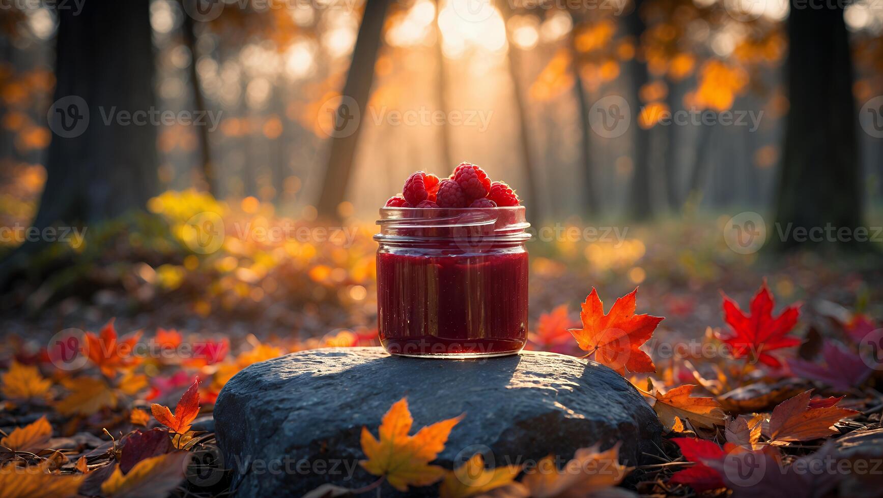 Raspberry Jam Jar on Rock Surrounded by Fall Leaves in Forest photo