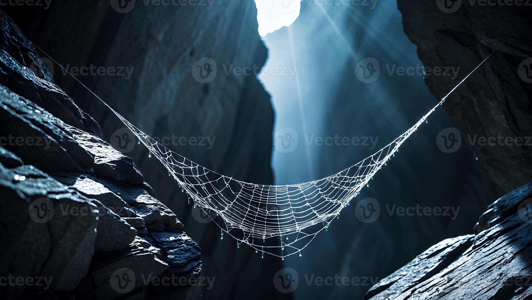 Spiderweb Hanging Between Rocks with Dewdrops and Sun Shining Through photo