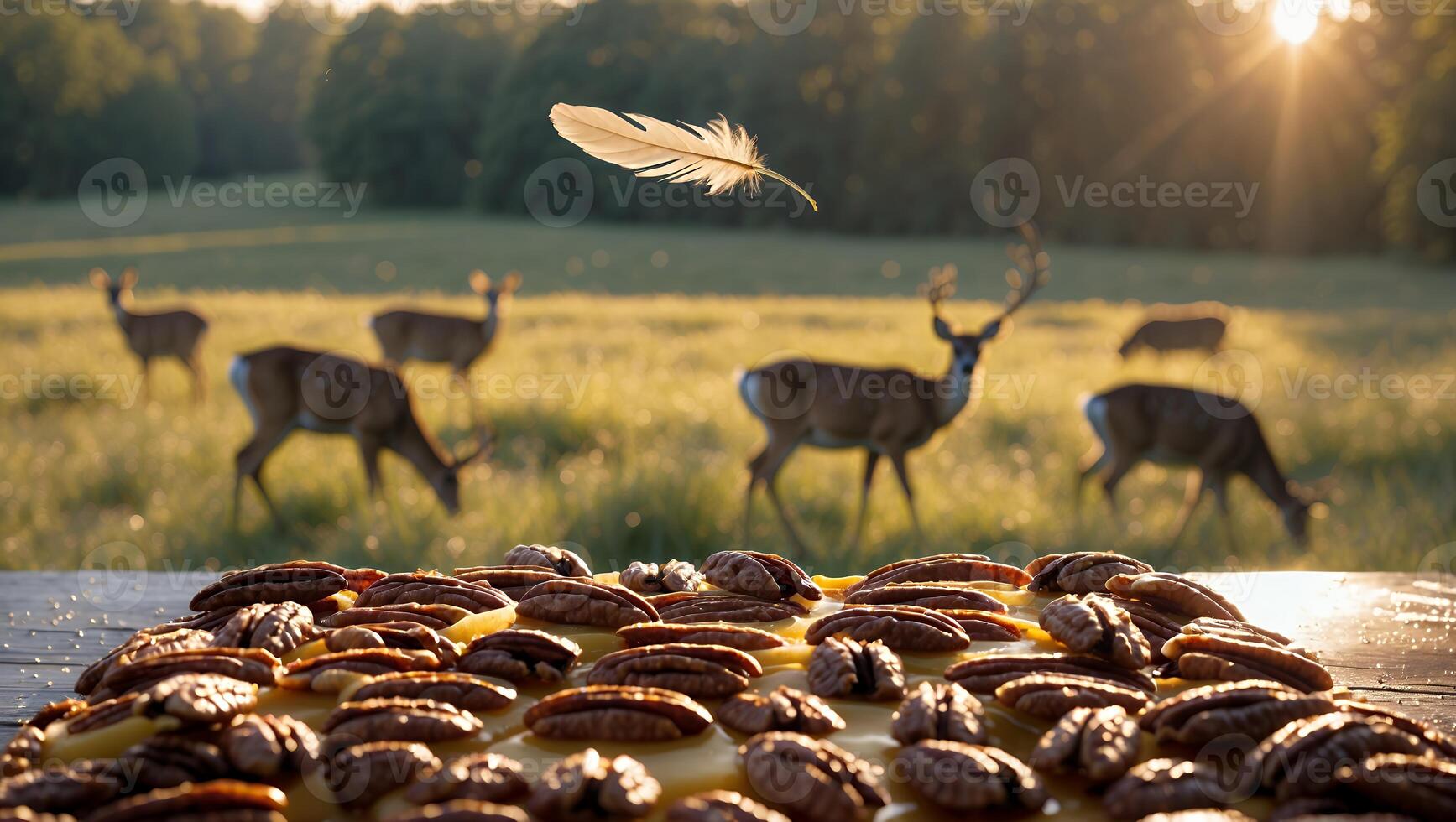 Pecan Pie on Table with Feather and Deer Grazing in Background photo