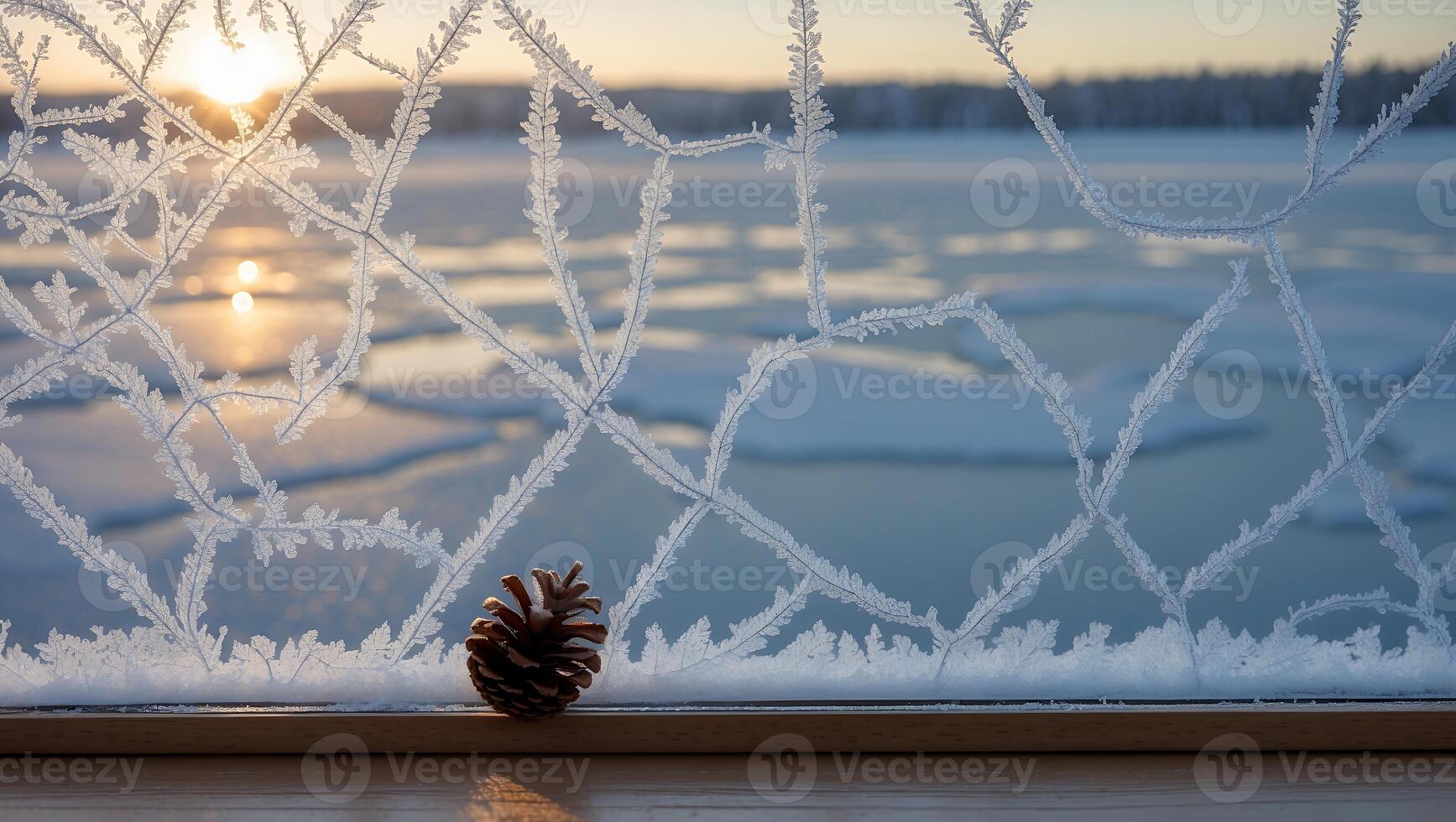 Pinecone on Window Covered with Ice Crystals at Sunset in Winter photo